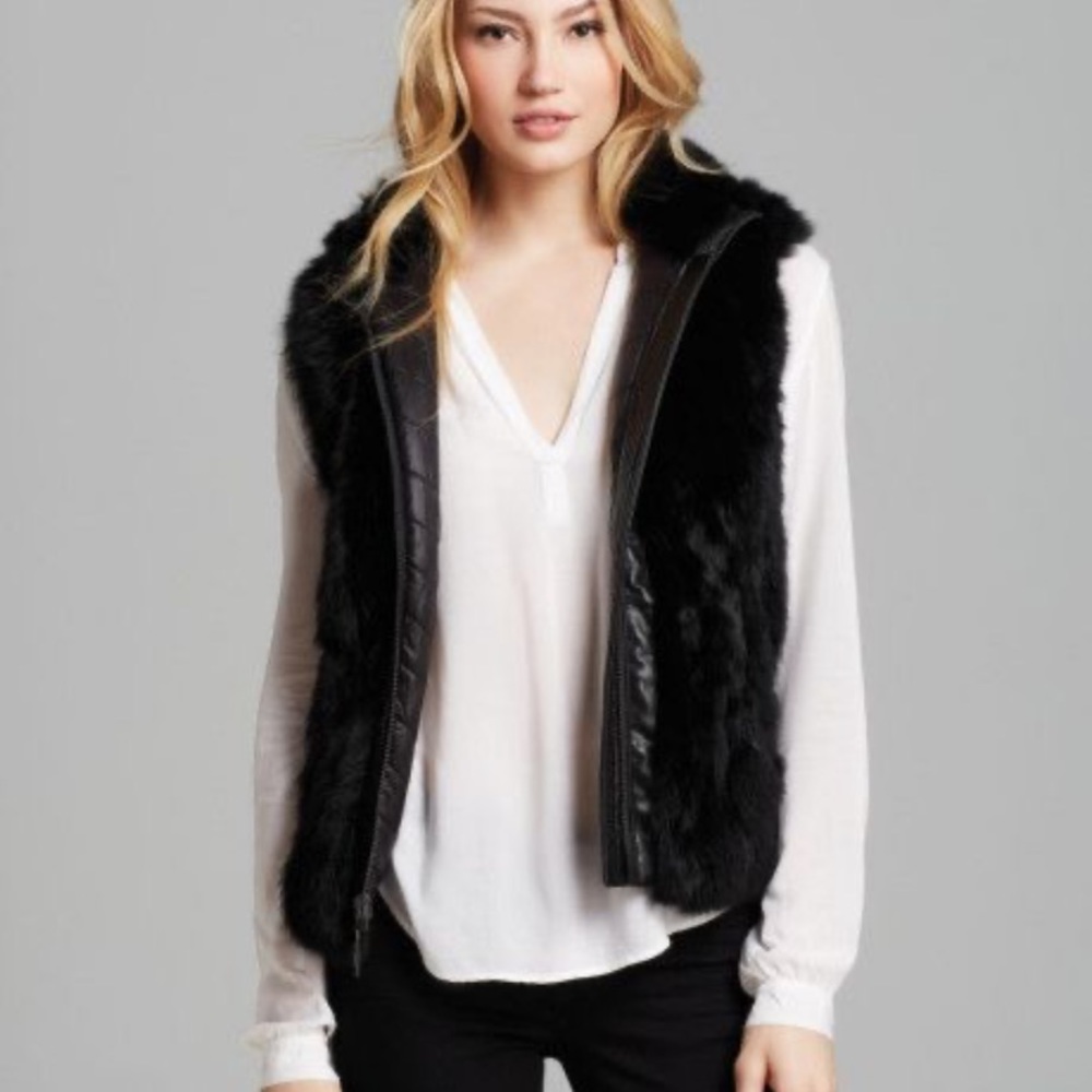 BCBG Hooded Reversible Rabbit Fur Hooded Vest - Picture 1 of 12